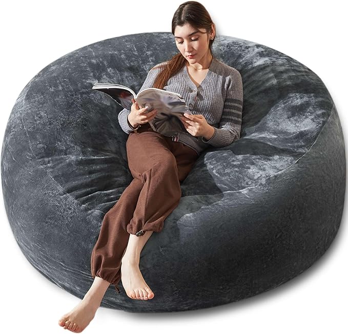 Bean Bag Chair 6Ft, Memory Foam Filled, Large Beanbag Chairs for Adults and Teens, Soft Sofa with Removable Flannel Cover, Round Couch for Living Room Bedroom College Dorm (Dark Gray, 6FT-67×67"×24")-Ruum Studio Home