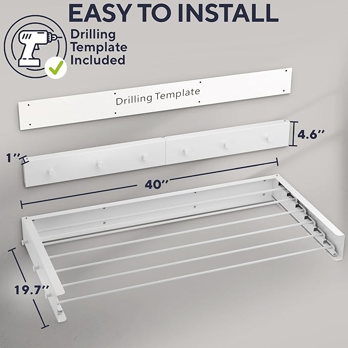 Foldable Wall Mounted Drying Rack 40 inch - Easy to Install Hanging Rack for Laundry Room - Space Saving Design with 66-lb Capacity - Perfect Drying Racks for Clothes Towels & More-Ruum Studio Home