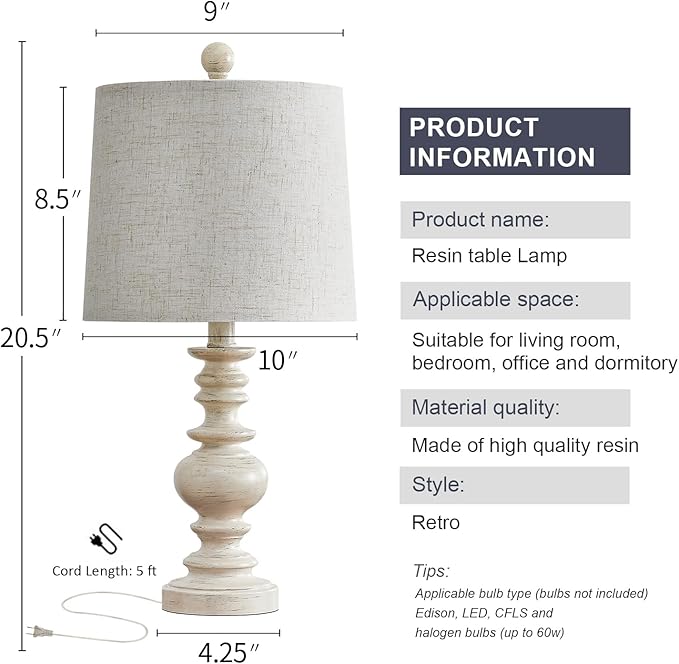 BOBOMOMO Tradition 20.5" Rustic Table Lamp Set of 2 for Living Room Farmhouse Bedside Desk Lamps Bedroom Nightstand Vintage Lamps Linen Washed（Suitable for Decorating Small Areas）-Ruum Studio Home