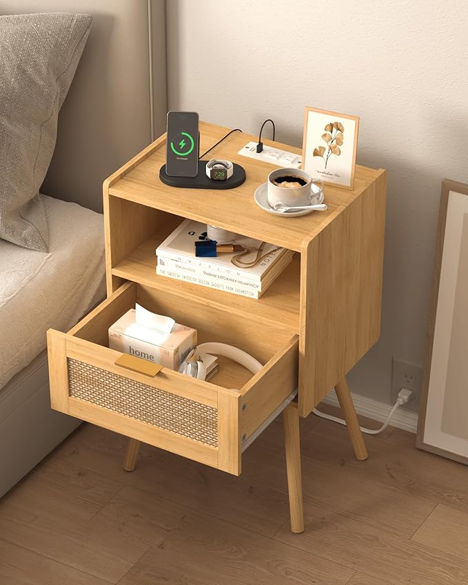 Rattan Nightstand with Outlet,Modern Bedside Table with Storage Drawer and Open Wood Shelf, for Living Room, Bedroom and Small Spaces, Accent Night Stand with Solid Wood Legs,Yellow Oak-Ruum Studio Home