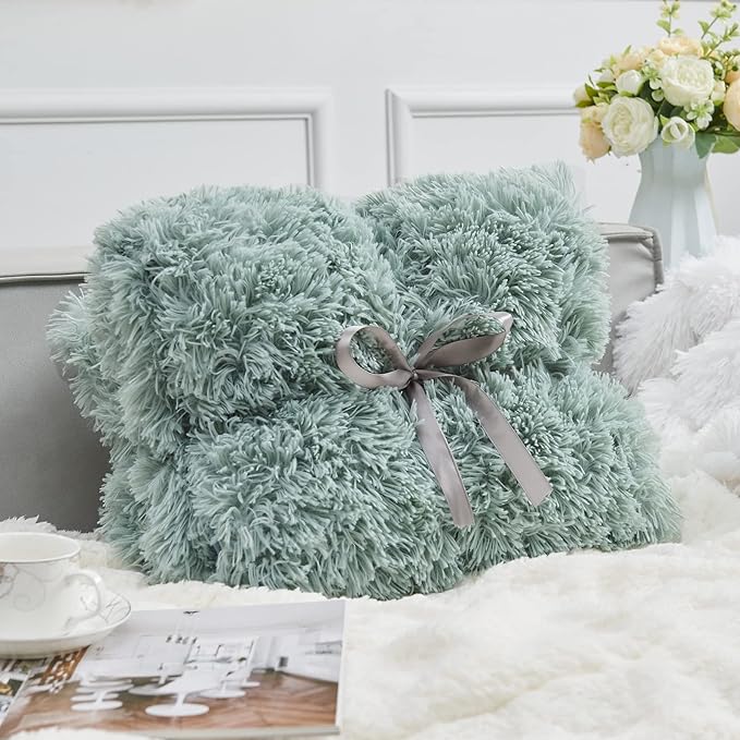 GONAAP Fuzzy Faux Fur Throw Blanket Queen Size Ice Blue Super Soft Cozy Plush Fuzzy Shaggy Blanket for Couch Sofa Bed (Ice Blue, Queen(90"x90"))-Ruum Studio Home