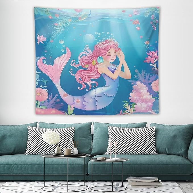 HZOHNAGO Mermaid Girls Tapestry Watercolor Flowers Mermaid Princess Blessing Pattern for Kids Room Decoration Printed Wall Tapestry Wall Hanging for Bedroom Living Room Dorm 60" W x 50" H-Ruum Studio Home