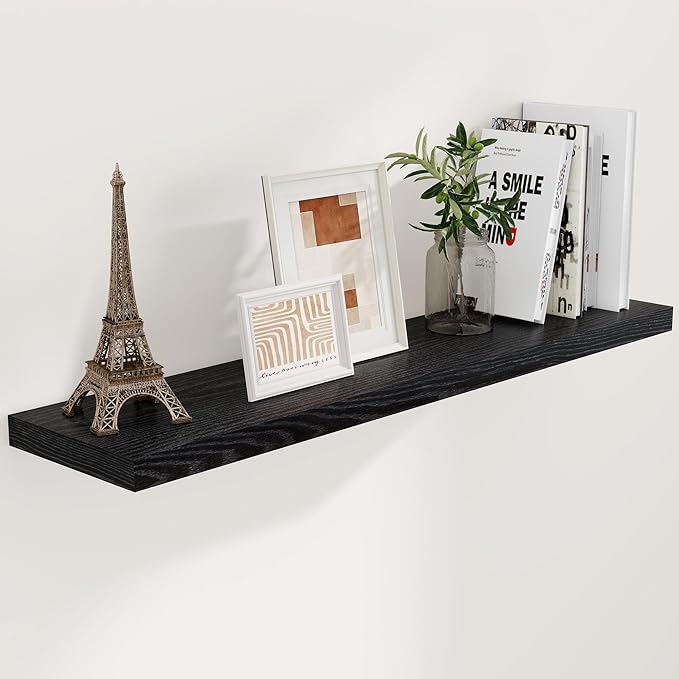 48 Inch Floating Shelves Black, Rustic Wood Floating Shelf Wall Mounted, 9 Inch Deep Floating Shelf for Kitchen, Bedroom, 48 x 9 Wall Shelves for Home Storage, Set of 1-Ruum Studio Home