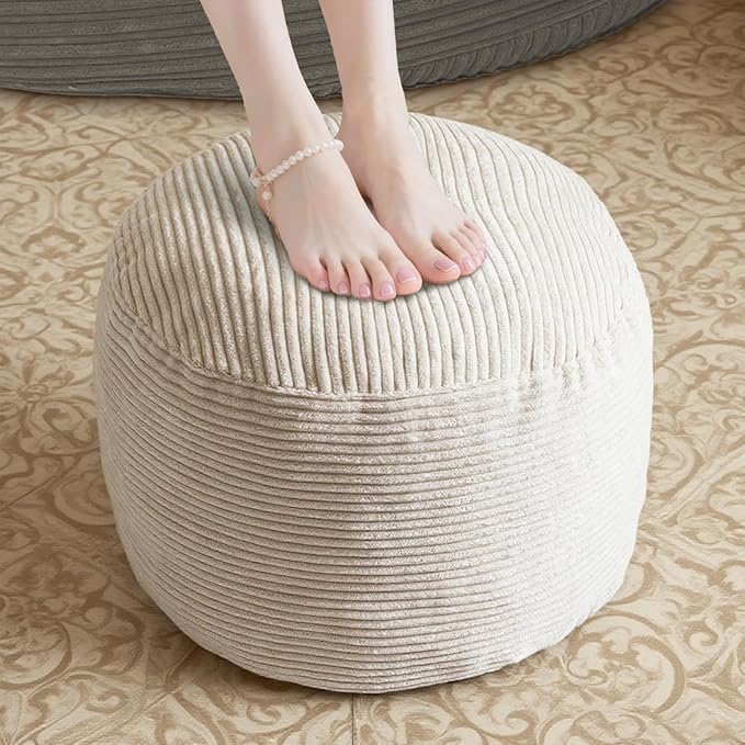 Round Stuffed Pouf Ottoman, Foot Stools Ottoman,Corduroy Poufs with Foam Chunk Filling, Furry and Fluffy Storage Ottomans, 20 X 15 Floor Poufs Foot Rest for Living Room-Ruum Studio Home