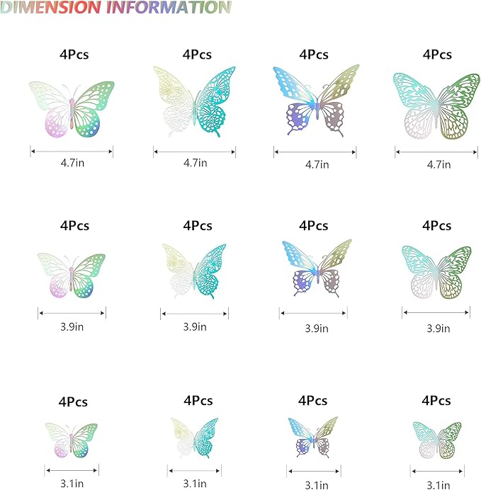 SAOROPEB 3D Butterfly Wall Decor - 48 Pcs, 4 Styles, 3 Sizes - Removable Stickers (Laser)-Ruum Studio Home