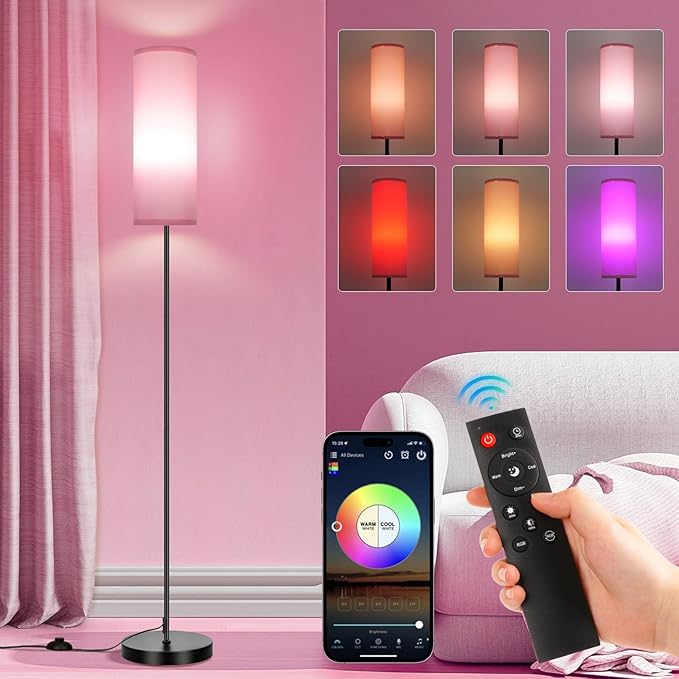 FRIDEKO HOME Pink Shade Floor Lamp with RGB Music Sync, 16 Million Colors & Stepless Dimming 2700K-6500K, 3CCT, 800LM LED Bulb with App & Remote, Modern Standing Light for Living Room, Bedroom, Office-Ruum Studio Home
