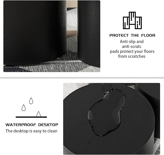 Nesting Coffee Table Set of 2, Modern Round Coffee Table with Non-Slip Feet, Wooden Circle Accent Tables for Small Spaces Living Room Bedroom Balcony Office Drum Side Table (Black)-Ruum Studio Home