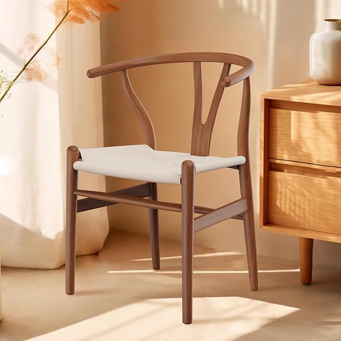 Tomile Solid Wood Wishbone Chair Y Chair Mid-Century Armrest Dining Chair, Hemp Seat (Ash Walnut Color, Pack of 2)-Ruum Studio Home