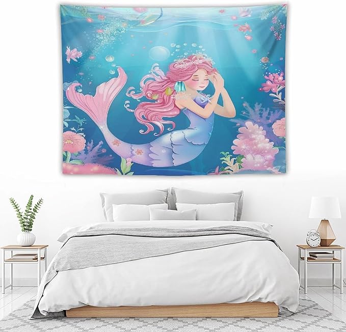 HZOHNAGO Mermaid Girls Tapestry Watercolor Flowers Mermaid Princess Blessing Pattern for Kids Room Decoration Printed Wall Tapestry Wall Hanging for Bedroom Living Room Dorm 80" W x 60" H-Ruum Studio Home