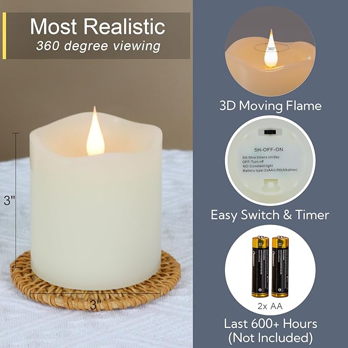 Flameless Candles Battery Operated with Timer, 3D Moving Flame Flickering, Last 600+ Hours Battery Candles, 3" x 3" Ivory Real Wax Electric LED Candle for Wedding Party Decorations-Ruum Studio Home