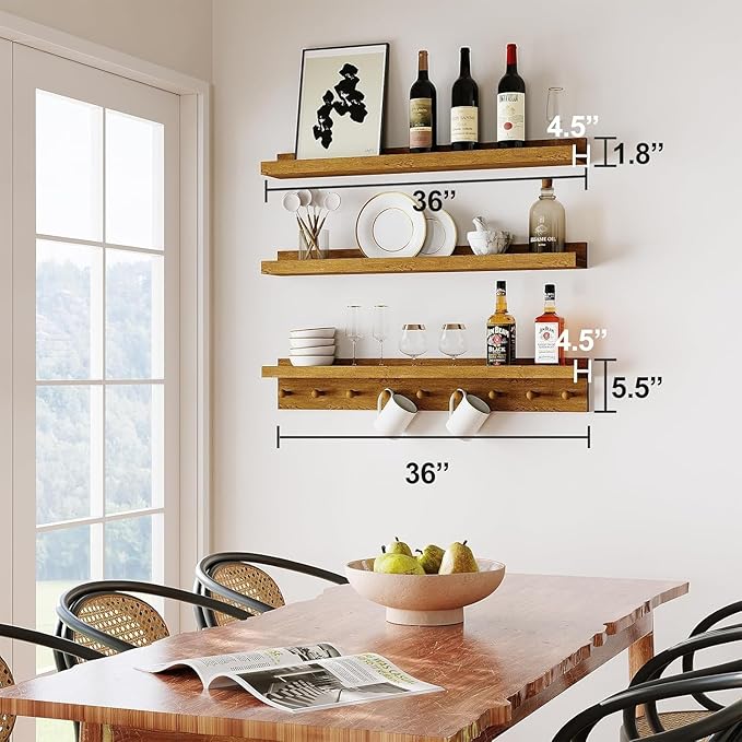 MBYD Floating Shelves 36 Inch, Nursery Book Shelves for Kids Room, Hanging Bookshelf with Hooks Set of 3, Light Walnut Wood Picture Ldge Shelving, Kitchen Wall Shelf Spice Rack for Bedroom Bathroom-Ruum Studio Home