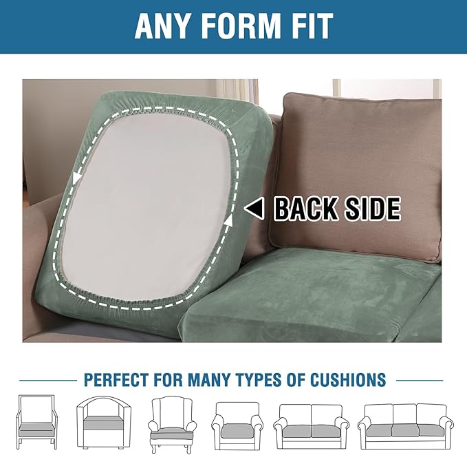 H.VERSAILTEX Velvet Stretch Couch Cushion Cover Plush Cushion Slipcover for Chair Cushion Furniture Protector Seat Cushion Sofa Cover (1 Piece Armchair Cushion Covers, Sea Grass)-Ruum Studio Home