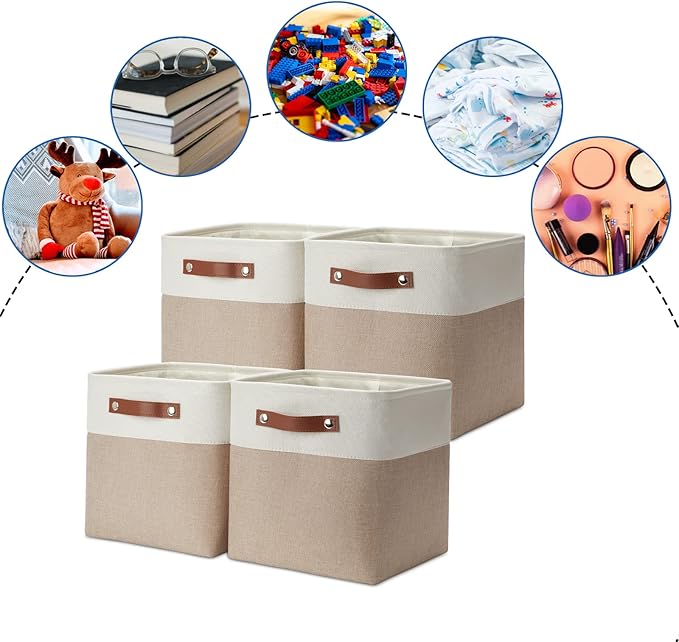 DULLEMELO 11 inch Cube Storage Bins, Large Collapsible Grey Storage Baskets for Square Cubes Organizing, Fabric Boxes Bins for Shelves Nursery Home Office Storage(4 Pack - 11" White&Khaki)-Ruum Studio Home