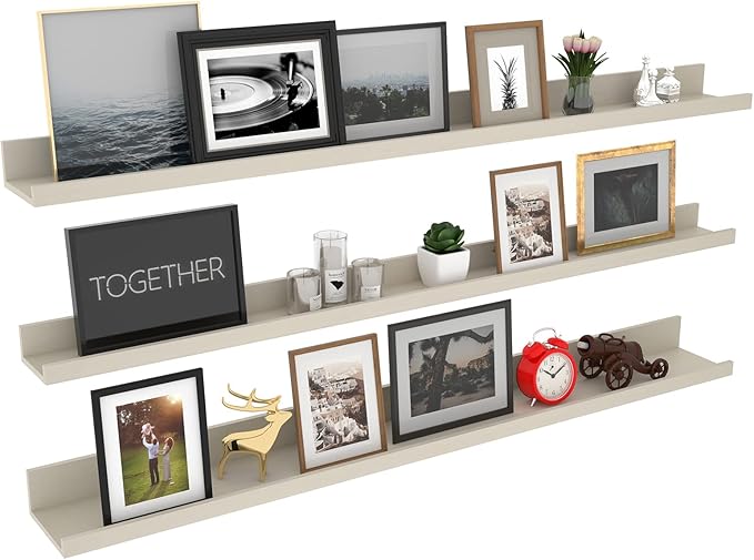 Giftgarden 47 Inch Floating Shelves for Wall Creamy White Beige Wood-Grain, Long Picture Ledge Large Wooden Photo Shelf for Living Room Bedroom Nursery Office, Set of 3 Different Sizes-Ruum Studio Home