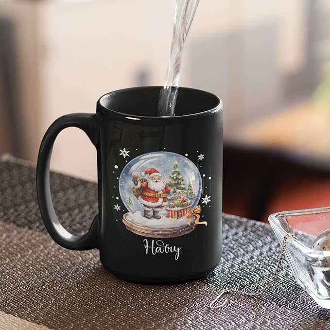 Custom Snow Ball Design Mug With Name, Personalized Black Cup 11oz 15oz, Snow Ball With Santa Claus And Christmas Tree Inside Design, Customized Christmas Themed Coffee Cup-Ruum Studio Home
