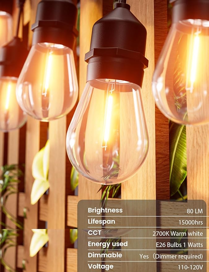 Svater Outdoor Led String Lights 25 FT, Patio Lights for Outside with 9pcs S14 Shatterproof Bulbs, 1 Watt E26 Dimmable, IP65 Waterproof, Commercial Grade Bistro Light 2700K Warm White-Ruum Studio Home
