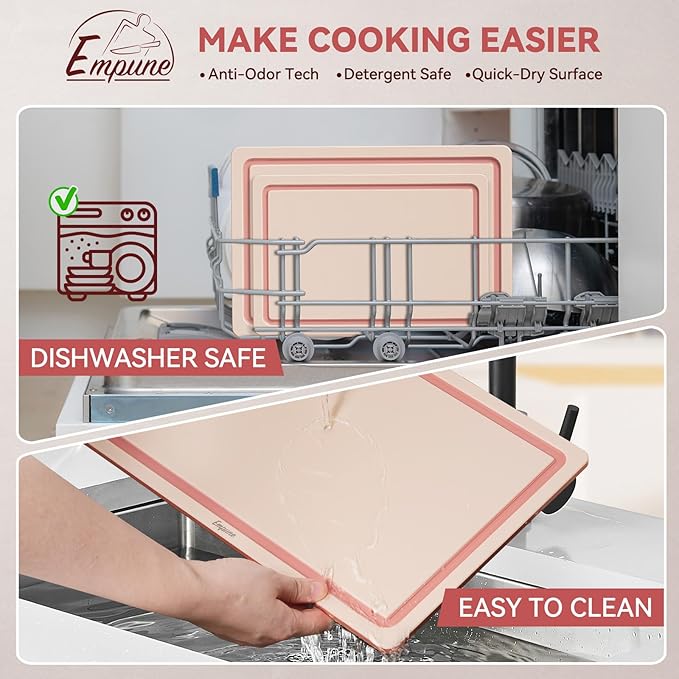 Empune Plastic Cutting Board Set, Recycled Plastic Cutting Boards for Kitchen (Set of 3), Dishwasher Safe Large Chopping Board with Holder, Non-slip Feet and Juice Grooves, Nonporous, Pink-Ruum Studio Home