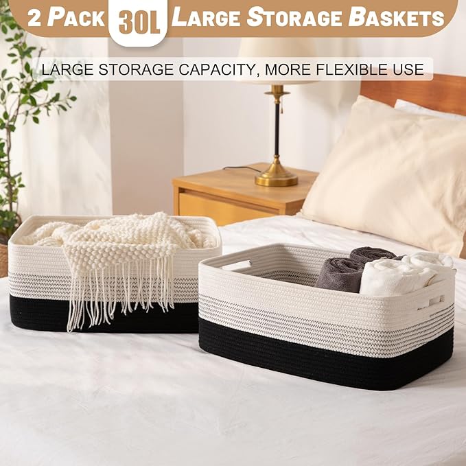 Large Storage Basket for Organizing, Woven Rope Basket for Shelves, Closet Organizer Bins for Clothes, Blanket, Toys, Baby Nursery Storage, 17.7" x 13" x 7.87", 2 Packs Gradient Black-Ruum Studio Home
