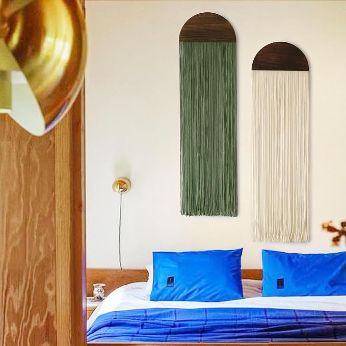 Flber 2 Pcs Macrame Wall Hanging Boho Decor Wall Tapestry Handmade Round Tassel 13.7" W x 51" L For Living Room Bedroom Headboard Decor-Ruum Studio Home