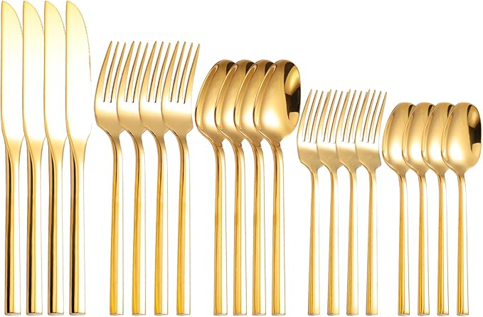 Mirror Silverware Set Gold Flatware Set with Hexagon Handle 20 Pieces 18/0 Stainless Steel Cutlery Set Wedding Housewarming Gift Service for 4 (Mirror gold)-Ruum Studio Home