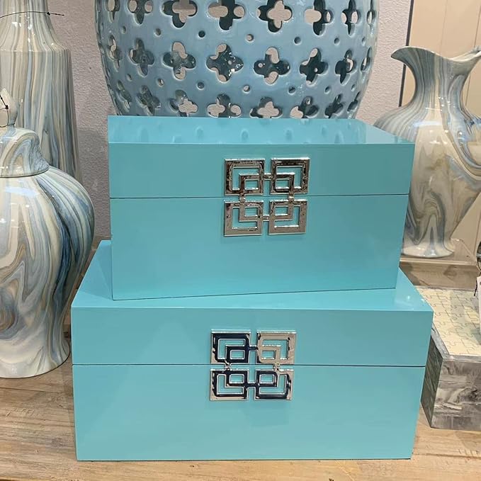 Galt International Large & Small Decorative Storage Box w/Hinged Lid - Classic Design Wood Decor Boxes with Geometric Opening Clasp - Storage for Bedroom and Home - Set of 2 (Blue)-Ruum Studio Home