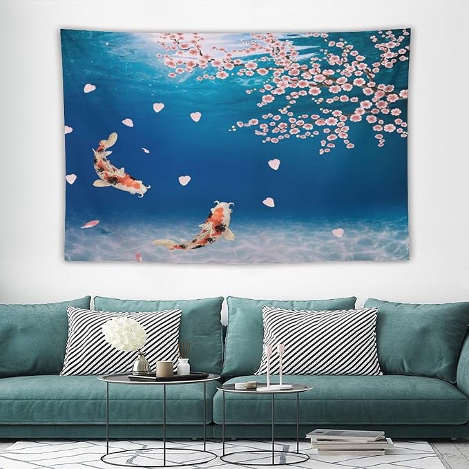 Japanese Koi Fish Tapestry, Cherry Blossoms Asian Oriental Blue Floral Branch Koi Fish Carp Tapestries Wall Hanging for Bedroom Living Room Office Decor 90"x60"-Ruum Studio Home