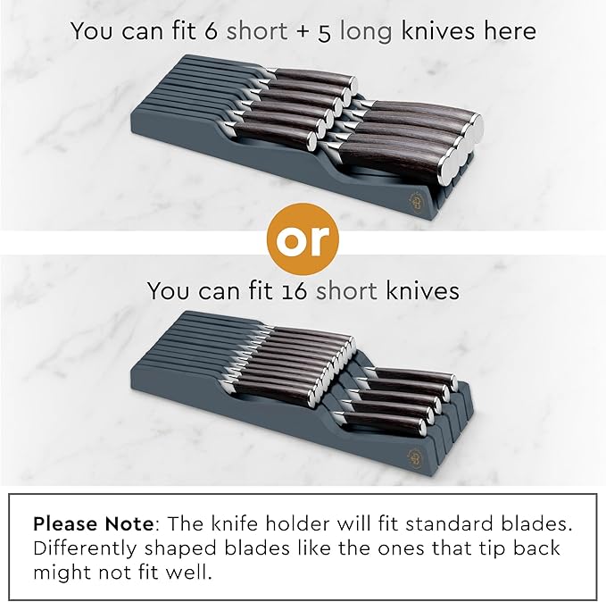 In-Drawer Knife Block - Bamboo Knife Drawer Organizer for Kitchen - Fits 5 Long + 6 Short Knives, Store Knives with Blades Pointing Down - Wooden Steak knife Holder without Knives (Grey)-Ruum Studio Home
