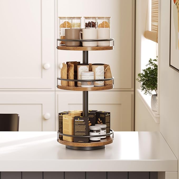 HOOBRO 3-Tier Lazy Susan Organizer, Rotating Spice Rack, Turntable Spice Rack, Vertical Storage Organizer, for Kitchen Countertop, Vanity, Dining Table, Rustic Brown and Black BF09TL01-Ruum Studio Home