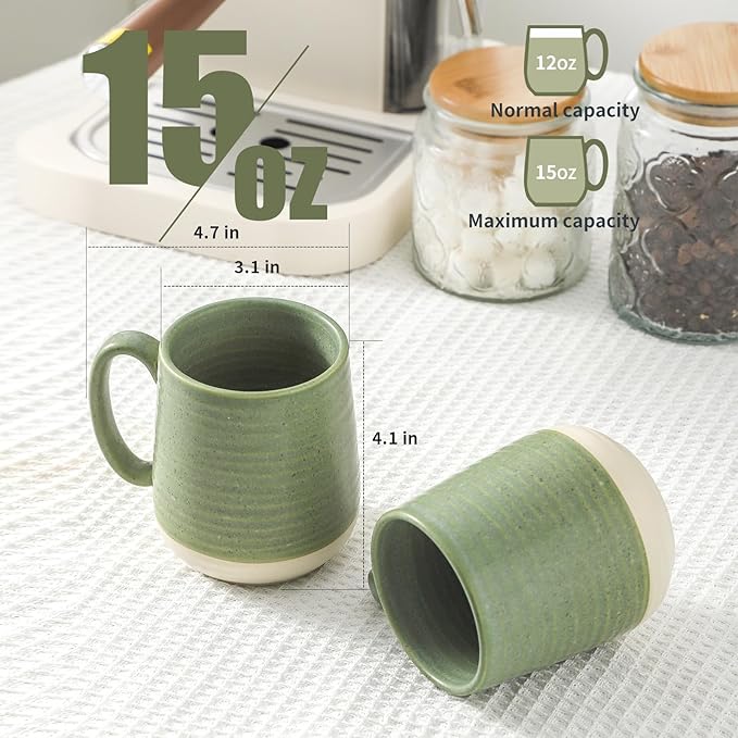 Hasense Porcelain Coffee Mugs Set of 4, 15 Oz Large Coffee Cups, Latte Cup with Handle, Tea Mugs for Men and Women, Modern Coffee Mug for Cappuccino, Milk, Cocoa, Microwave & Dishwasher Safe, Green-Ruum Studio Home