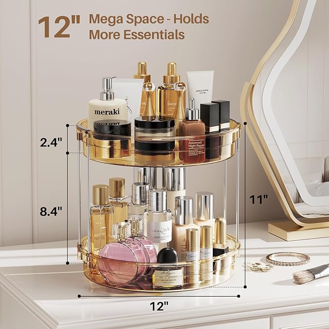 LAMU 2 Pack 2 Tier Lazy Susan Turntable Organizer 12'' Rotating Spice Rack Organization for Cabinet, Kitchen, Pantry, Countertop, Bathroom, Vanity, Medicine Cabinet Organizer, Amber-Ruum Studio Home