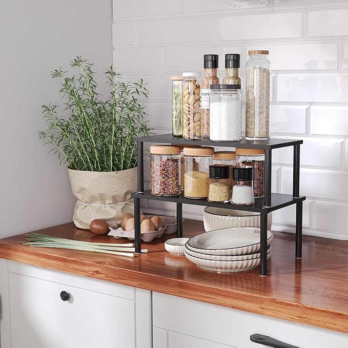 Cabinet Organizer Shelf(Set of 2),Kitchen Counter Shelves,Bamboo Spice Rack Countertop and Cabinet,Stackable Expandable,Large(Black)-Ruum Studio Home