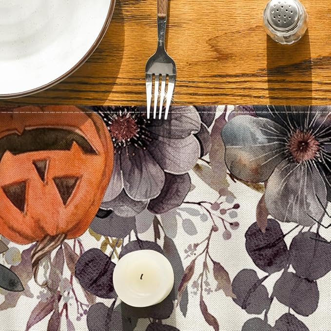 Artoid Mode Jack-O'-Lantern Pumpkin Floral Ghost Halloween Table Runner, Eucalyptus Kitchen Dining Table Decoration for Home Party Decor 13x36 Inch-Ruum Studio Home