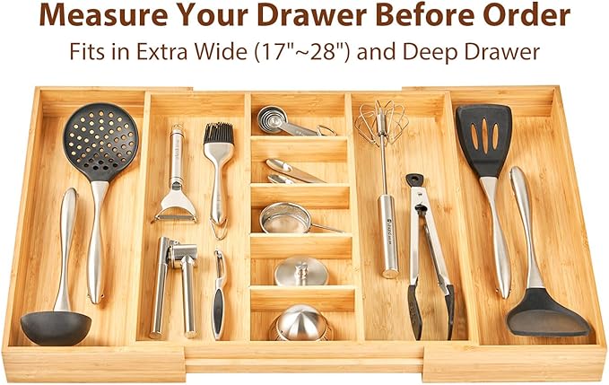Umilife Extra Large Expandable Kitchen Drawer Organizer for Utensil and Junk, 19" Deep for Big Drawer, 17" to 28" Adjustable Bamboo Wood Drawer Divider, Cutlery Tray, Flatware Holder-Ruum Studio Home