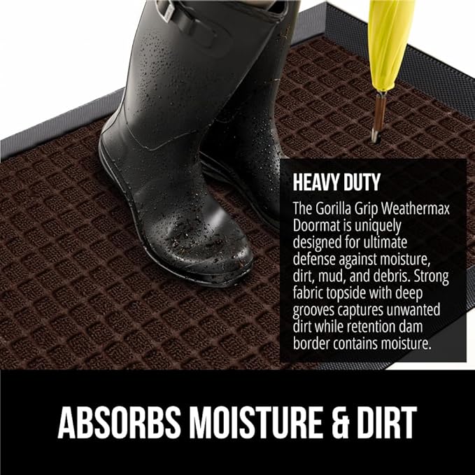 GORILLA GRIP 100% Waterproof All-Season WeatherMax Doormat 35x23, US Designed Natural Rubber, Stain and Fade Resistant, Low Profile Indoor Outdoor Door Mats, Easy Clean Patio Mat, Coffee Squares-Ruum Studio Home