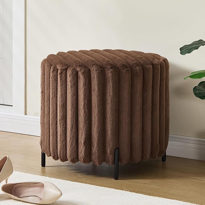 Furniliving Modern Round Ottoman, Large Size Bedroom Ottoman Footstool Round Ottomans Stool for Living Room, Bedroom, Makeup Room, Brown, Faux Fur-Ruum Studio Home
