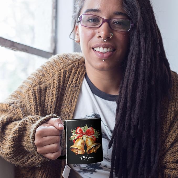 Christmas Jingle Bells Design Ceramic Mug, Custom Christmas Themed Cup With Name, Gift For Sibling, Personalized Coffee Mug With Jingle Bells Design, Customized Xmas Black Cup 11oz 15oz-Ruum Studio Home
