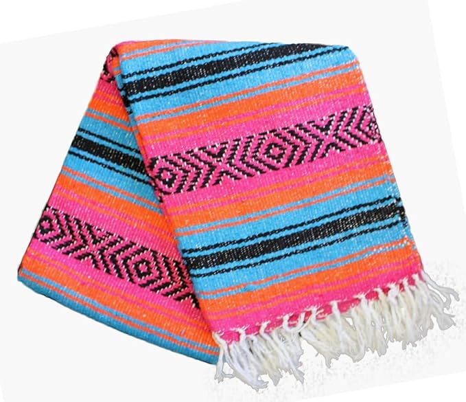 Del Mex Classic Mexican Blanket, Large Authentic Woven Falsa Throw (70"x50"), Artisan Southwest Décor for Beach, Yoga, Outdoors (Turquoise/Pink/Orange)-Ruum Studio Home