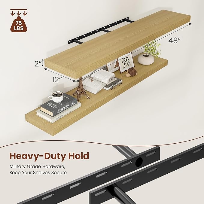 12 Inch Deep Floating Shelves 48 inch Long, 48 x 12 Wide Wall Shelves with Invisible Brackets, Heavy Duty Shelf for Bedroom Bathroom Living Room Kitchen Office Home Decor, Modern Shelf Set of 2, Oak-Ruum Studio Home