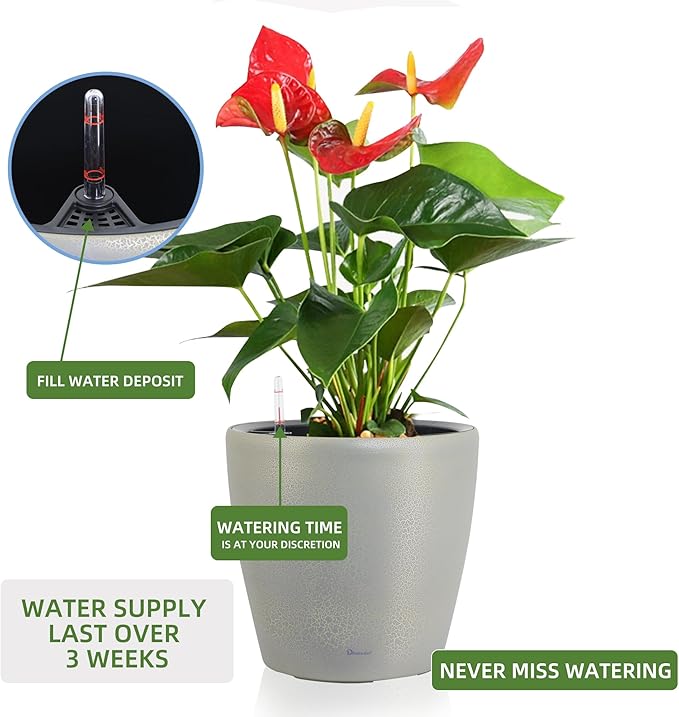 Dexceder 18x17 Self Watering Planter with Wheels Indoor Outdoor, Inner Pot Design, Thickened Large Floor Standing Flower Plant Pot with Water Level Indicator (Grey Gold Crackle)-Ruum Studio Home