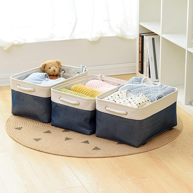 TheWarmHome Storage Bins for Shelves - 1 Pack 15.7x11.8x8.3 inch Fabric Storage Cubes, Storage Basket for Organizing Gift Laundry Cloth Toy Room (White & Jean Blue)-Ruum Studio Home