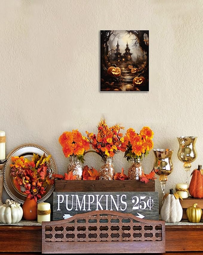 AbcCustomize Halloween Canvas Wall Art - Spooky Haunted House & Eerie Pumpkins Poster, Gothic Fall Decorations for Home, Vintage Halloween Decor Indoor for Living Room, Bedroom & Party-Ruum Studio Home