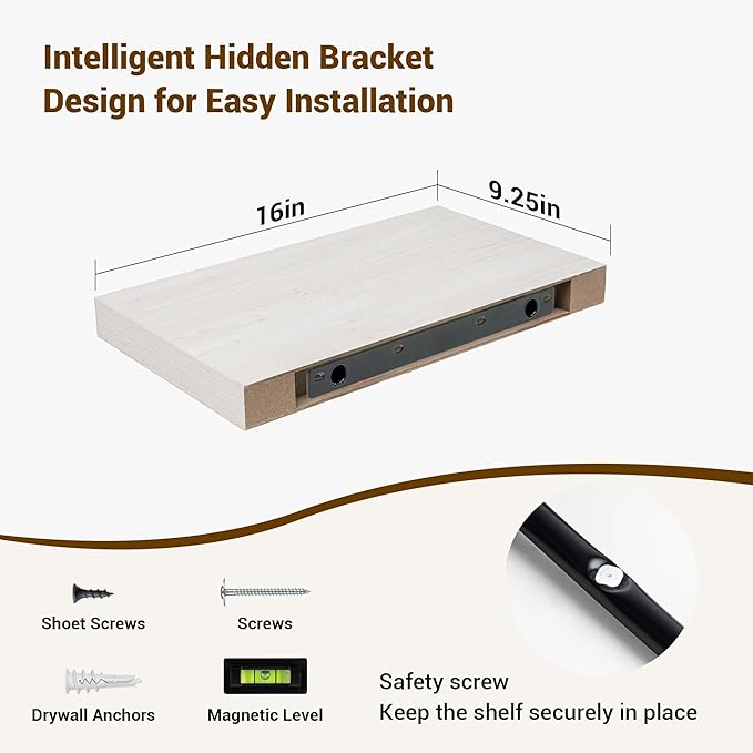 16 Inch Floating Shelves, 16"x9.25"x1.5" Inch Deep Floating Shelves for Wall, Wooden Shelves for Bathroom, Bedroom, Living Room, Cream White Oak-Ruum Studio Home