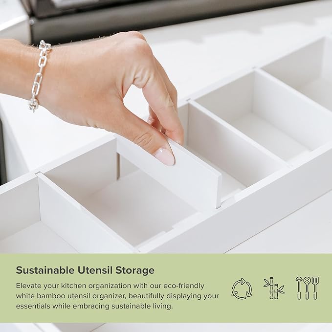 Adjustable Kitchen Drawer Organizer for Utensils and Junk, Food-Safe Contract Grade with 100% Sustainable Wood, Expandable from 10.5 to 19 Inches Wide - White Bamboo-Ruum Studio Home