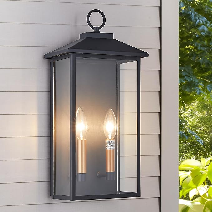 18 Inch Wall Light in Clear Glass and Textured Black and Golden Candle Cap Sleeve,Outdoor Lighting Wall Sconce,2-Light 120watts for House Doorway Garage,Bulb Not Included.-Ruum Studio Home