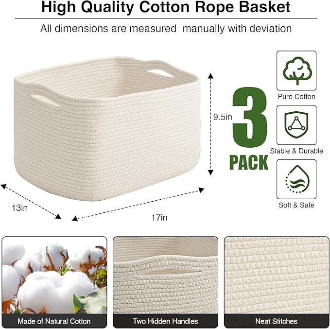Large Storage Baskets for Organizing Shelves, Woven Cotton Rope Bins for Baby Nursery Organization, Book Toy Towel Organizer, 17"x13"x9.5", 3 Packs, Off White-Ruum Studio Home