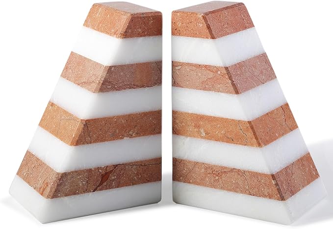 Marble Book Ends, Non-Skid Bookends for Shelves, Composite Bookend with Natural Stone, Heavy Duty Book Stopper, Collected CDs and Oversized Books Organizer, White & Red Decorative Bookends-Ruum Studio Home