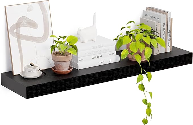 Heimlove 12 Inch Deep Floating Shelves, 48 x 12 inches Long Wall Shelf, Large Display Shelf & Storage Shelf, Rustic Wood Wall Shelves for Fireplace Mantel, Set of 1(Black)-Ruum Studio Home