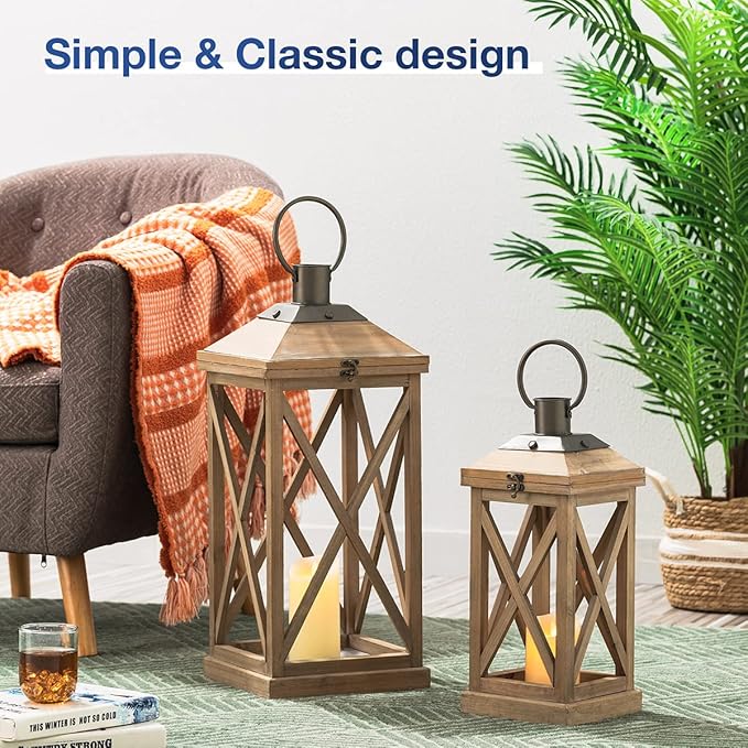 Glitzhome Mondern Farmhouse Wood Metal Lanterns Decorative Hanging Candle Lanterns Set of 2, Natural (No Glass)-Ruum Studio Home