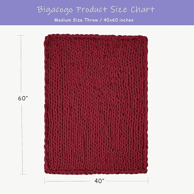 Bigacogo Chunky Knit Throw Blanket for Couch, 40x60 inches, 100% Hand Knitted with Thick Jumbo Chenille Yarn, Cozy Soft Large Rope Knot Cable Crochet Blankets for Sofa Bed Living Room, Red-Ruum Studio Home