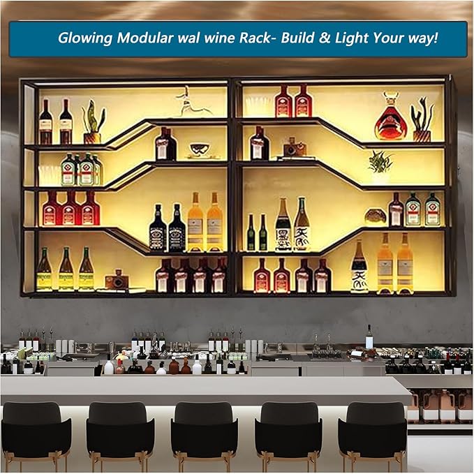 105in Large Wall Mounted Wine Rack with LED Light, 5-Tiers Liquor Bottles Display Shelf with Glasses Holder, Metal Home Bar Shelves with Iron Frame for Kitchen Dining Room (Black, 105in/8.72ft)-Ruum Studio Home